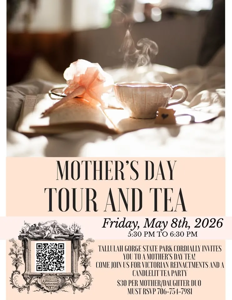 A teacup and saucer sit on a book with flowers in soft sunlight. Text invites to a Mother’s Day tea on May 8, 2026, at Tallulah Gorge State Park.