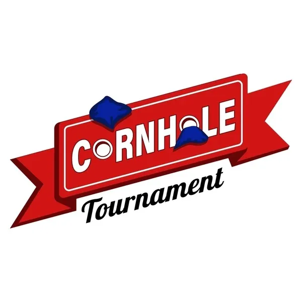 Red and white Cornhole Tournament sign with two blue bean bags, one replacing the O in CORNHOLE.