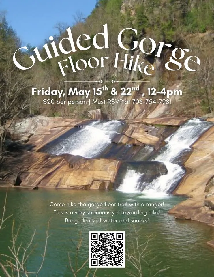 Flyer for a Guided Gorge Floor Hike with a waterfall image, dates May 15 & 22, 12-4pm, RSVP info, and a QR code at the bottom.