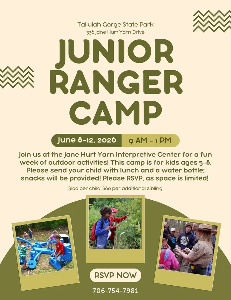 Junior Ranger Camp flyer with camp details, activity photos of kids outdoors, and RSVP information for an event at Tallulah Gorge State Park, June 8–12, 2026.