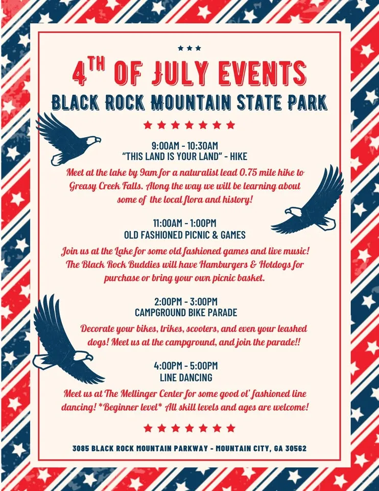 Patriotic flyer for 4th of July events at Black Rock Mountain State Park, listing activities, times, and eagle illustrations on a red, white, and blue background.