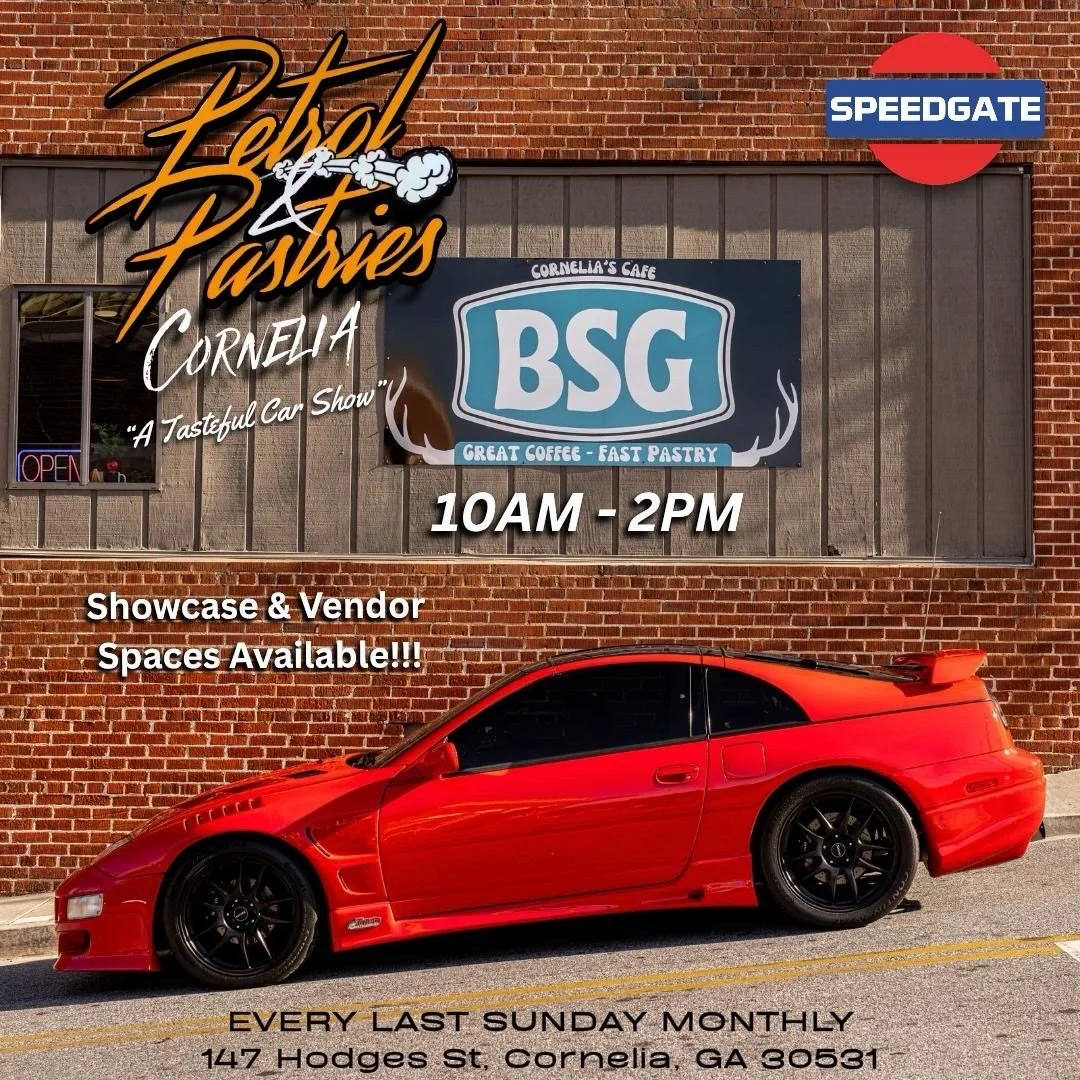 A red sports car parked in front of a cafe with signs for Petrol & Pastries Car Show, event details, and vendor space info.