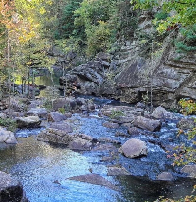 A rocky river flows through a forested gorge with autumn-colored trees and steep, layered rock cliffs.