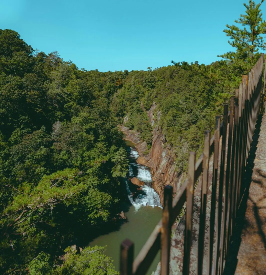 A small waterfall flows through a forested canyon, viewed from behind a metal fence under a clear blue sky.