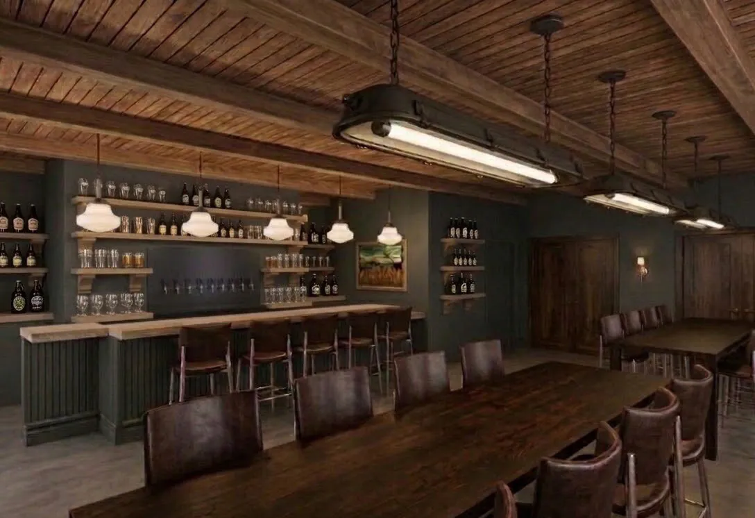 A rustic bar with wooden ceiling and furniture, shelves of glasses and bottles, a long bar counter, and tables with chairs arranged neatly.