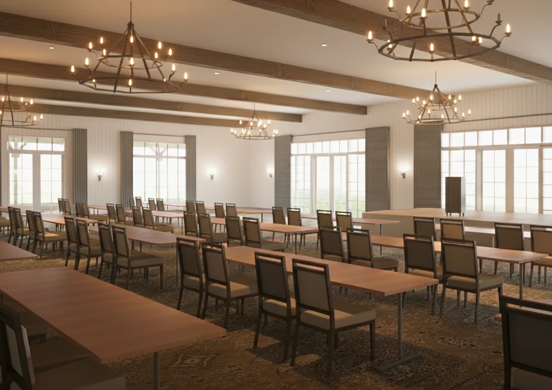 A spacious, well-lit conference room with rows of tables and chairs, chandeliers, wooden beams, and large windows allowing natural light in.
