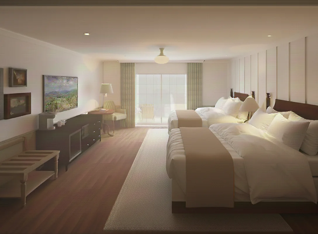 A spacious hotel room with two large beds, wall art, a TV, dresser, armchair, and a balcony with sunlight streaming in.
