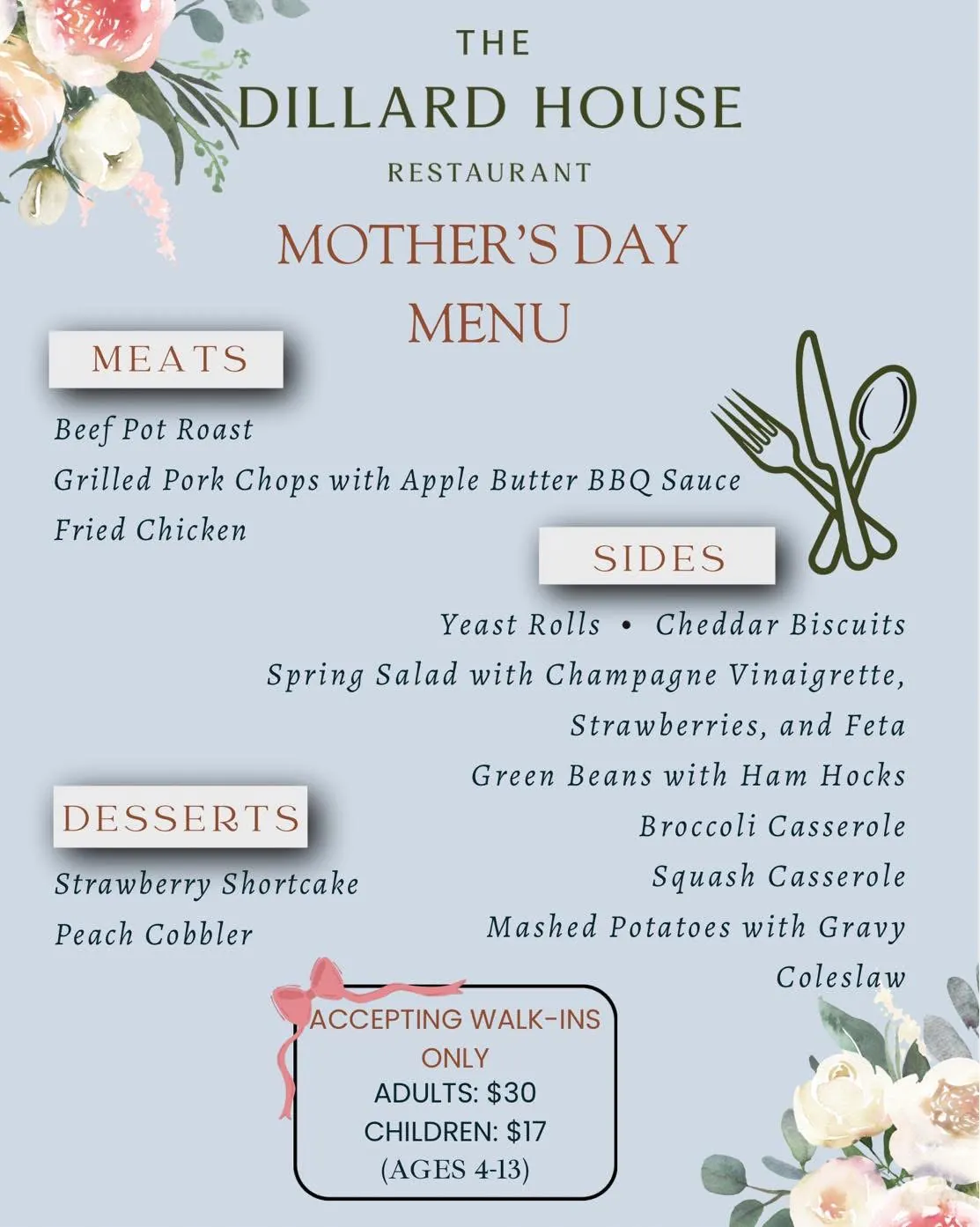 Mother’s Day menu with floral accents, listing meats, sides, and desserts offered at The Dillard House Restaurant. Walk-ins only, prices for adults and kids.