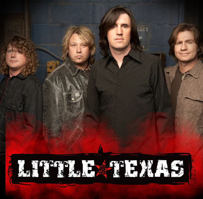 Four men stand together in front of a blue wall, with LITTLE TEXAS written in bold letters at the bottom over a red and black background.