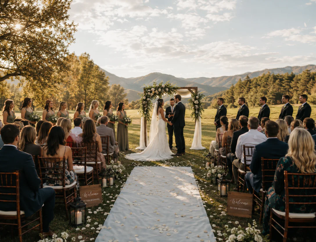 A bride and groom stand under a floral arch outdoors, surrounded by their wedding party and guests seated on either side of a white aisle.