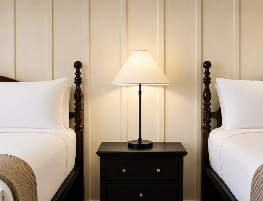 Two neatly made twin beds with white bedding and a black nightstand with a lamp between them, against a cream paneled wall.