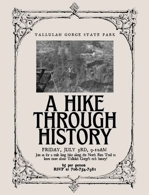 Vintage-style flyer for a historic hike at Tallulah Gorge State Park, featuring event details and a black-and-white photo of hikers on a trail.
