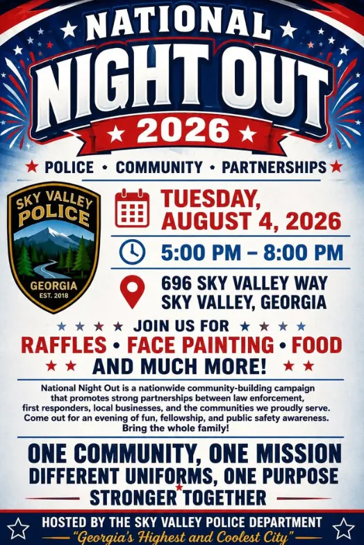 Flyer for National Night Out 2026 event on August 4, 5–8 PM in Sky Valley, GA, with police, food, raffles, family activities, and community info.