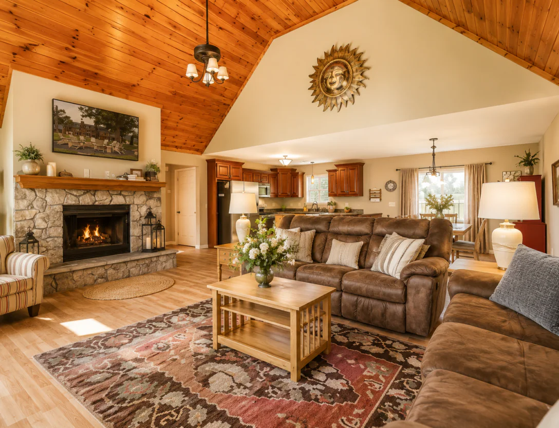 Cozy living room with a stone fireplace, brown sofas, wooden ceiling, and rug, open to a kitchen and dining area with natural light.