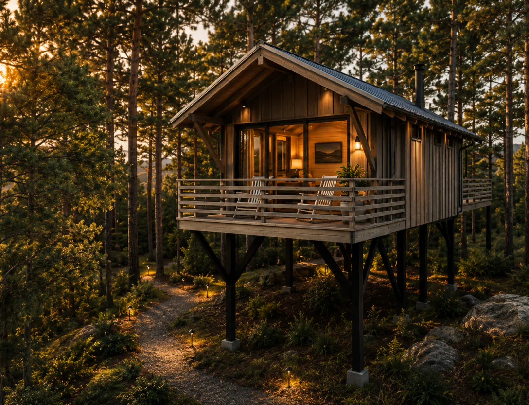 A cozy treehouse cabin with a balcony stands on stilts among tall pine trees, warmly lit at sunset.
