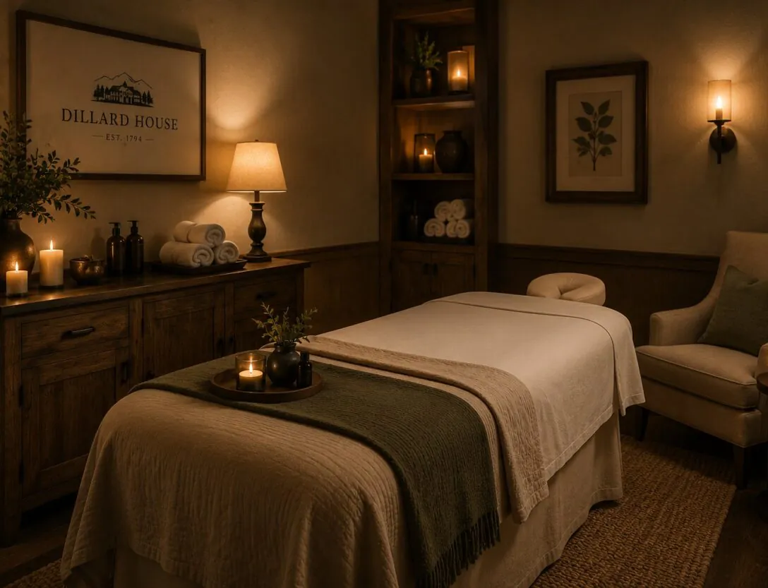 Dillard House has A cozy, softly lit spa room with a massage table, candles, plants, towels, and a comfy armchair, creating a relaxing ambiance.