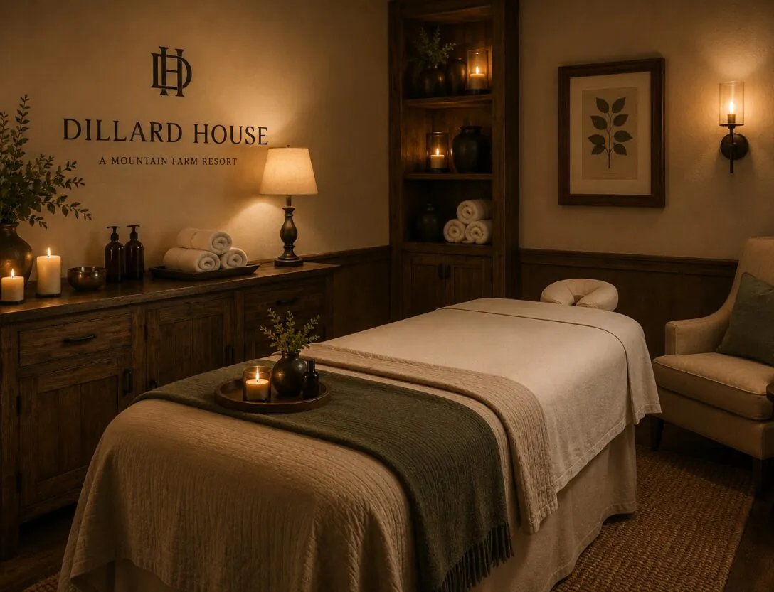 A cozy spa room with a massage table, candles, towels, wooden furniture, and dim lighting, creating a relaxing and inviting atmosphere.