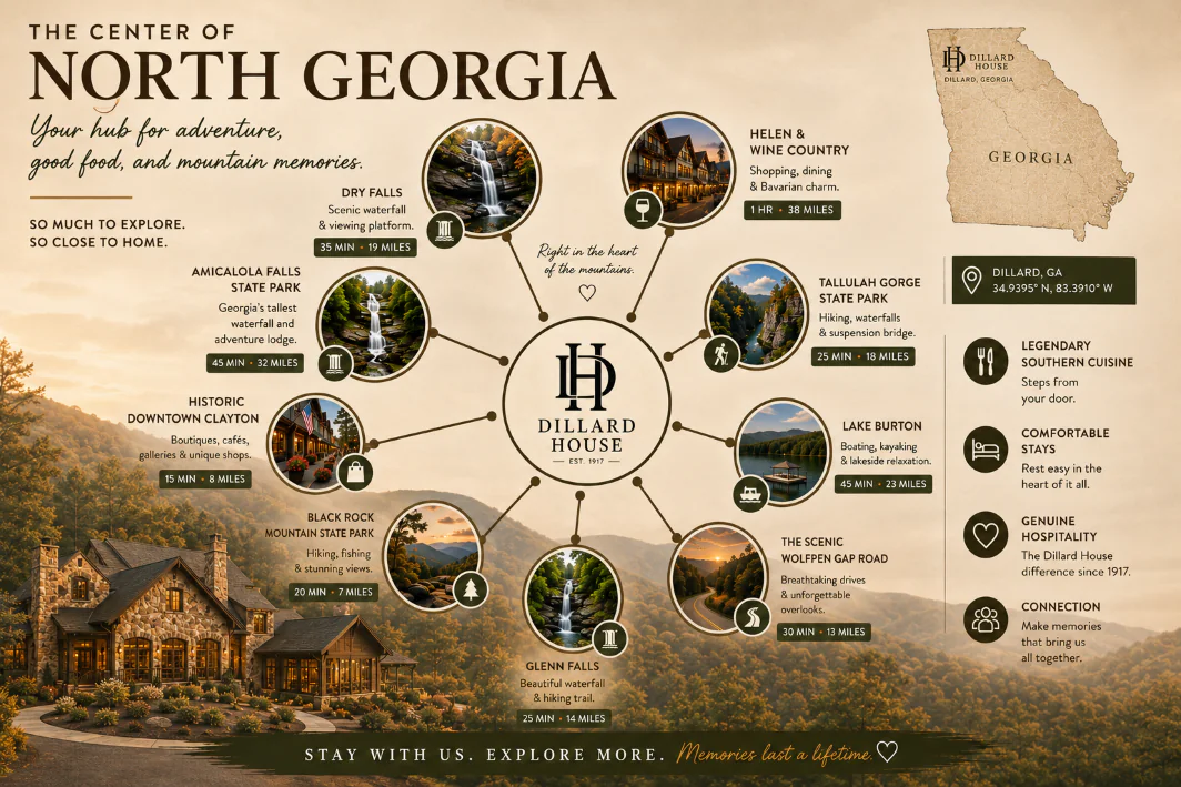 Infographic map of North Georgia highlights tourist spots and attractions near Dillard House, with images, distances, and descriptions of each location.