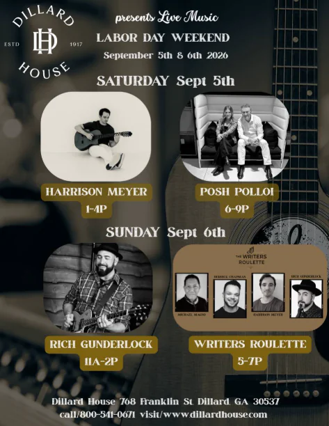 Labor Day weekend event poster for Dillard House with musician photos, dates, times, and contact info for September 5-6, 2020.