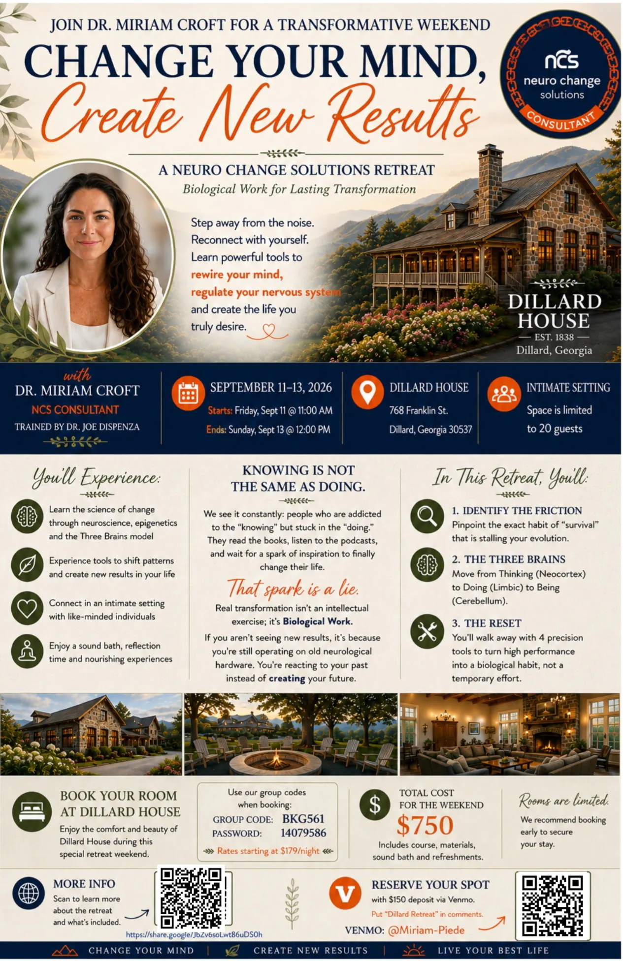 Retreat flyer with Dr. Miriam Croft, event details, benefits, pricing, and a photo of a rustic lodge and a smiling woman with curly hair.