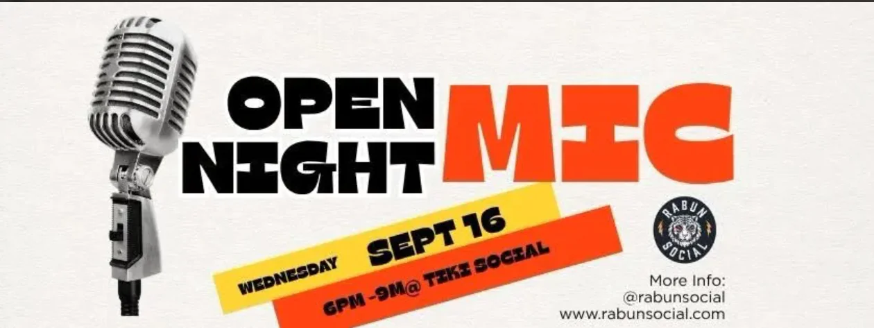 Retro microphone left, bold text: Open Night MIC and event details: Sept 16, 6PM-9PM at Texi Social. Rabun Social logo and website on right.