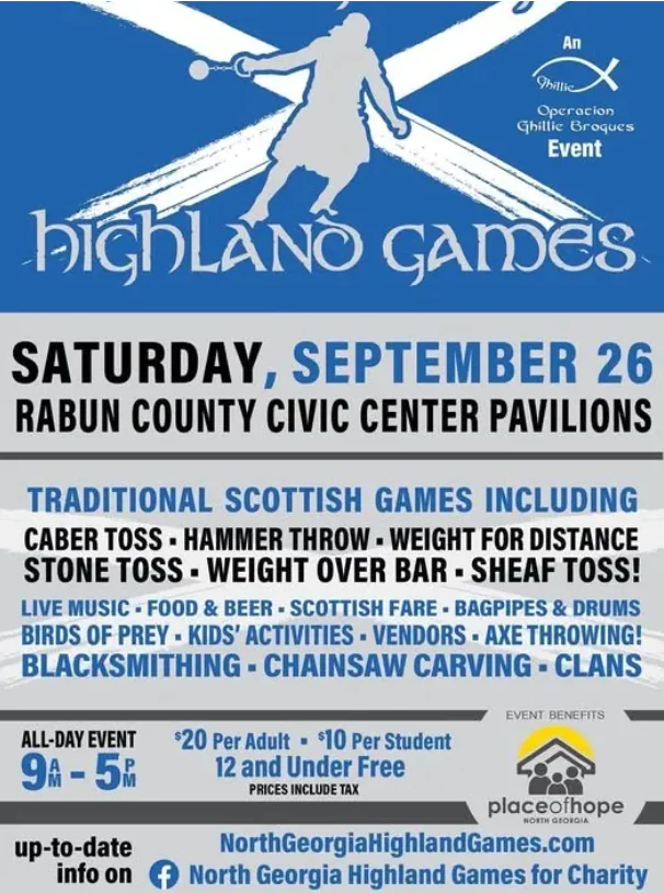 Highland Games event poster with date, location, activities like Scottish games, music, kids activities, and admission details. Blue and white design.